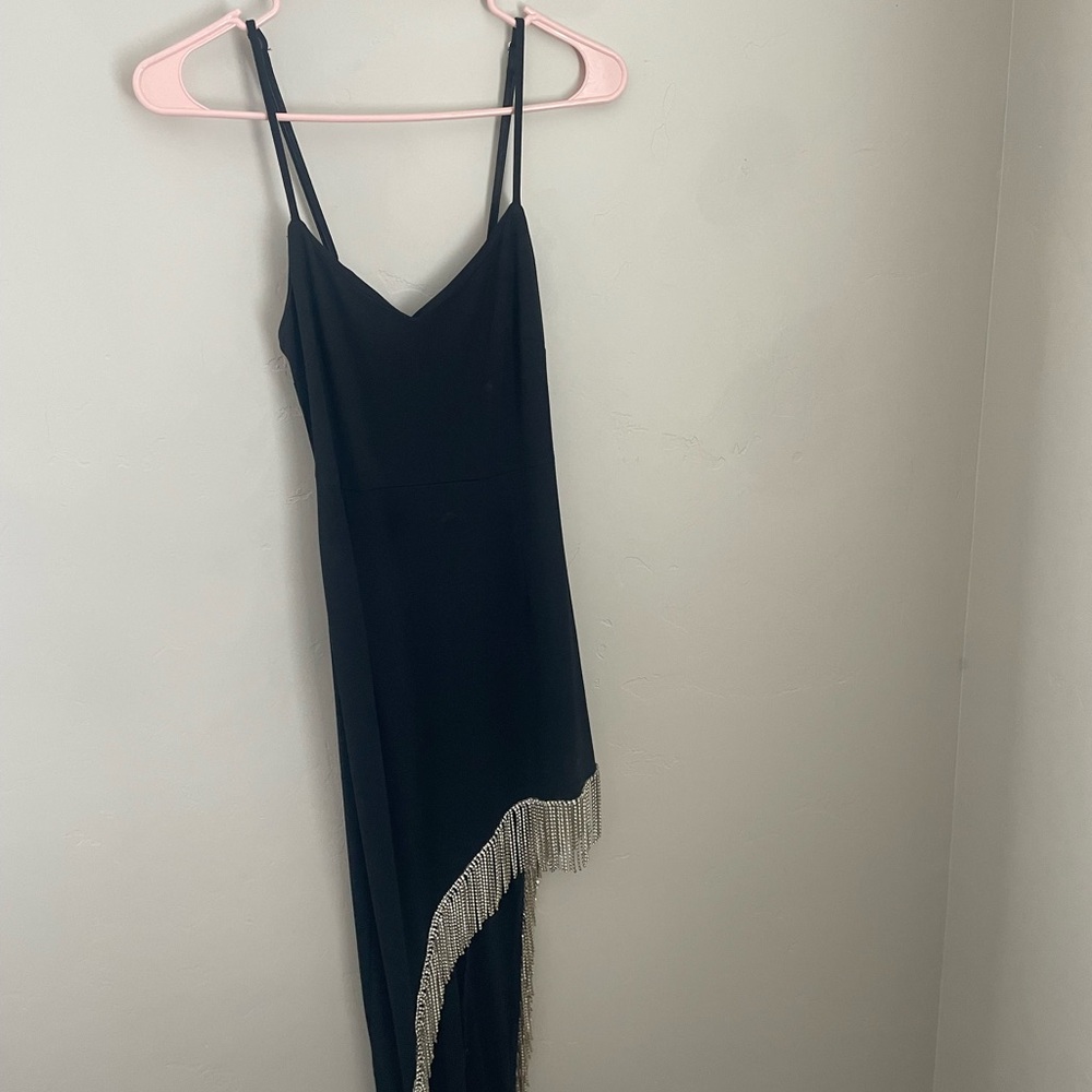 Black Asymmetrical Dress with Fringe Detail